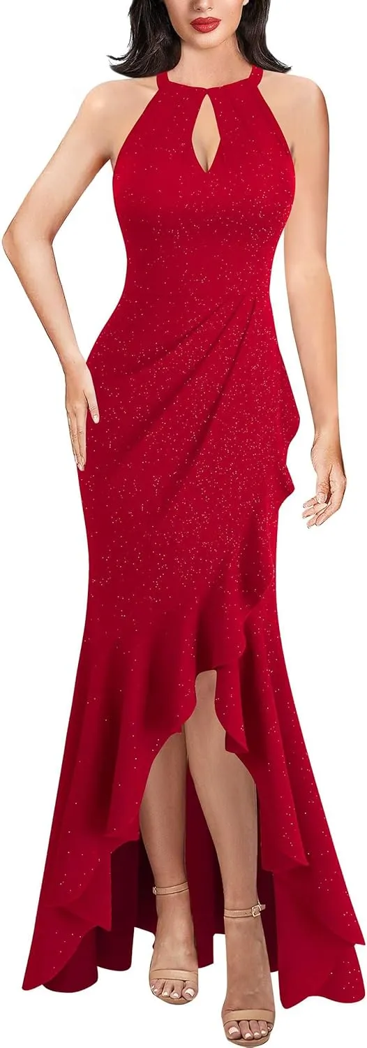VFSHOW Womens Sexy Halter Neck Formal Cutout Ruffle Slit Ruched Prom Maxi Dress Wedding Guest HI-LO Mermaid Evening Gown