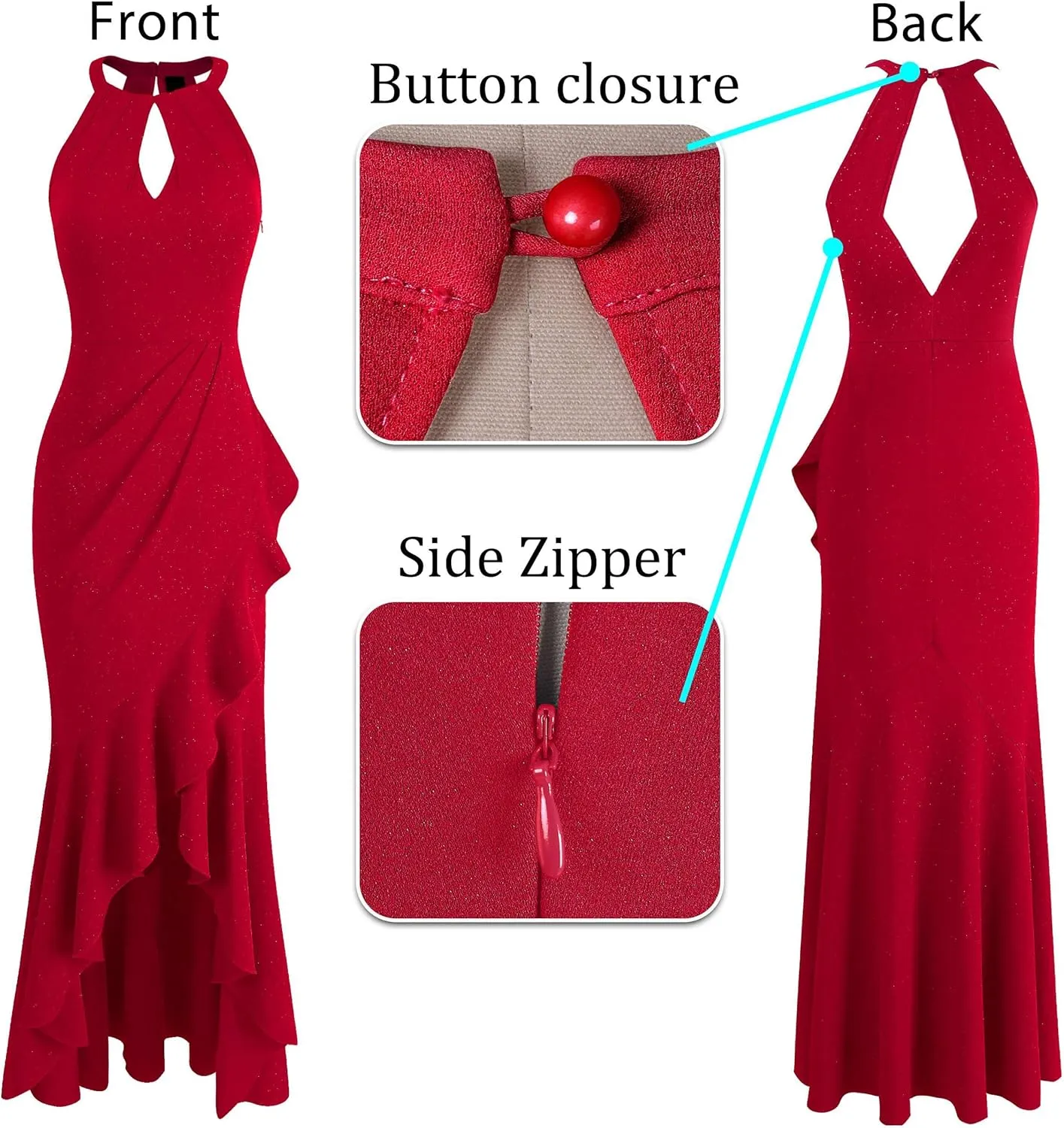 VFSHOW Womens Sexy Halter Neck Formal Cutout Ruffle Slit Ruched Prom Maxi Dress Wedding Guest HI-LO Mermaid Evening Gown