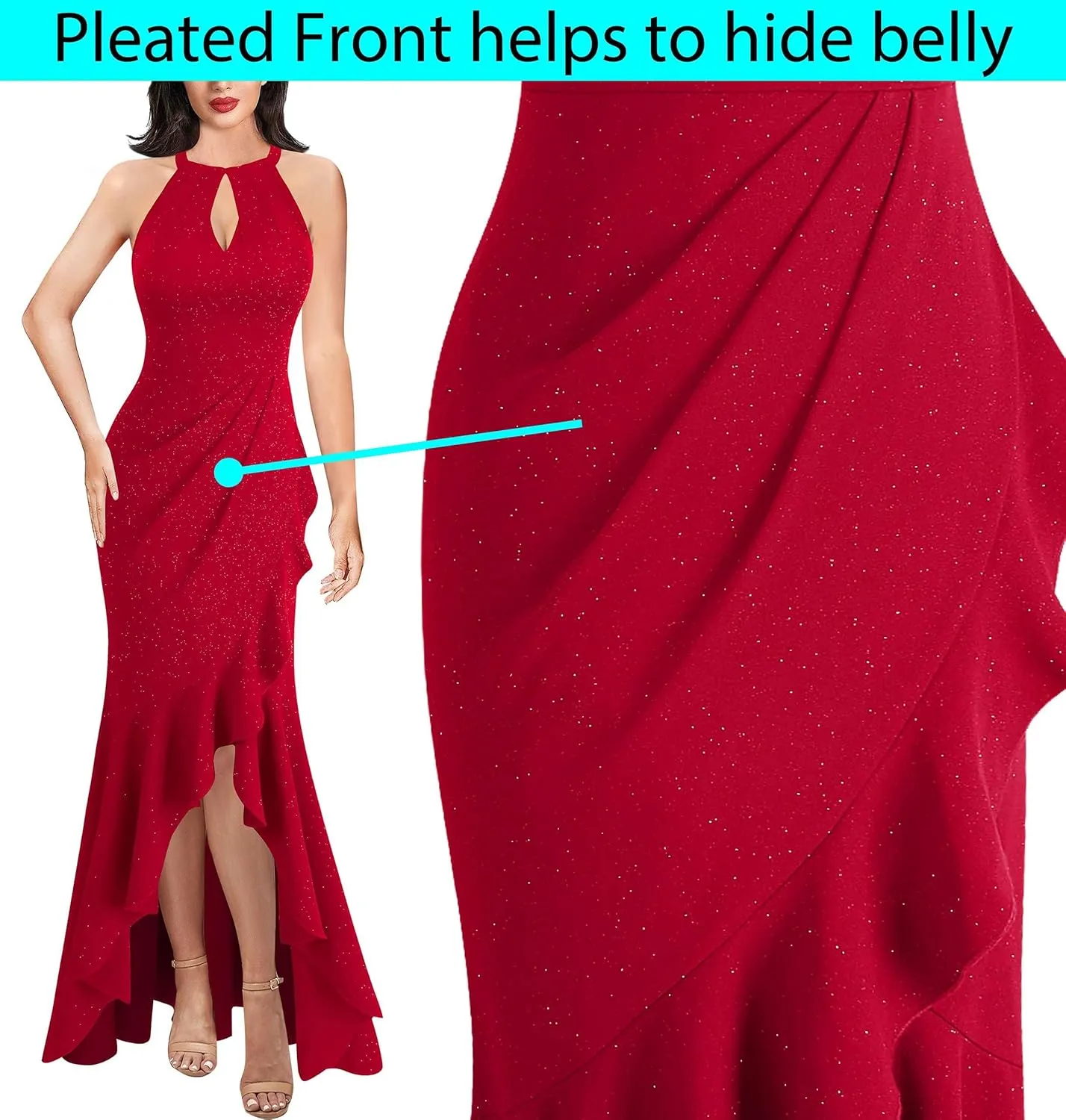 VFSHOW Womens Sexy Halter Neck Formal Cutout Ruffle Slit Ruched Prom Maxi Dress Wedding Guest HI-LO Mermaid Evening Gown