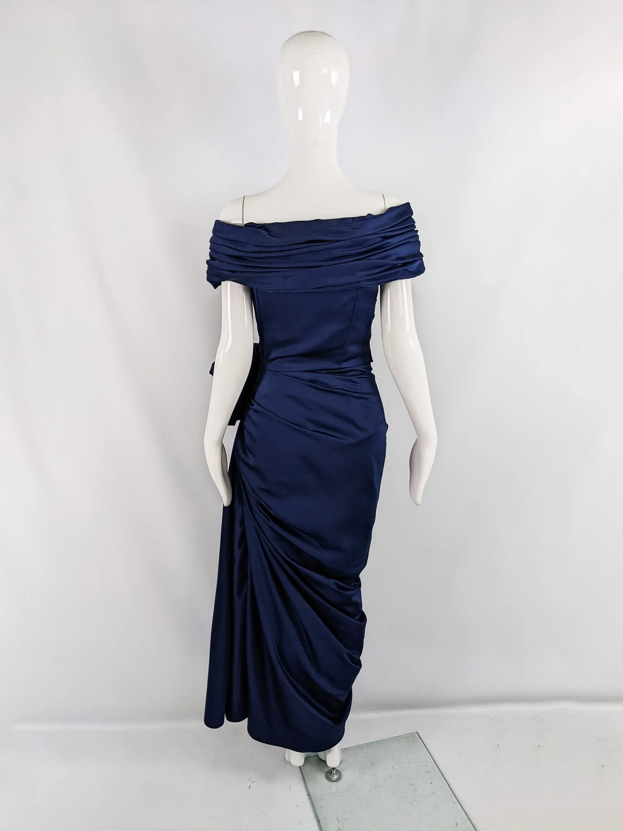 Victor Costa Vintage Dark Blue Draped Bow Evening Gown, 1980s
