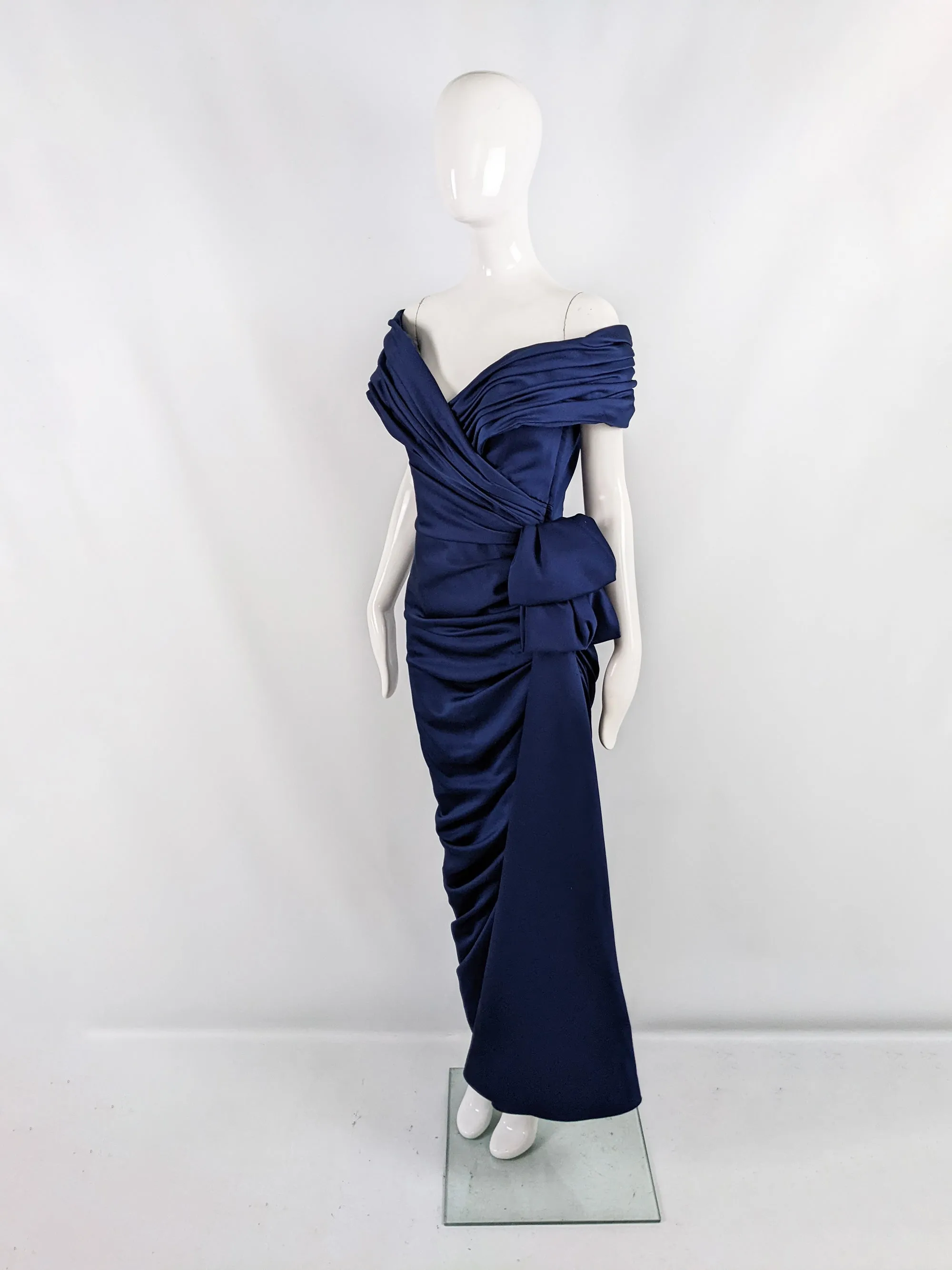 Victor Costa Vintage Dark Blue Draped Bow Evening Gown, 1980s
