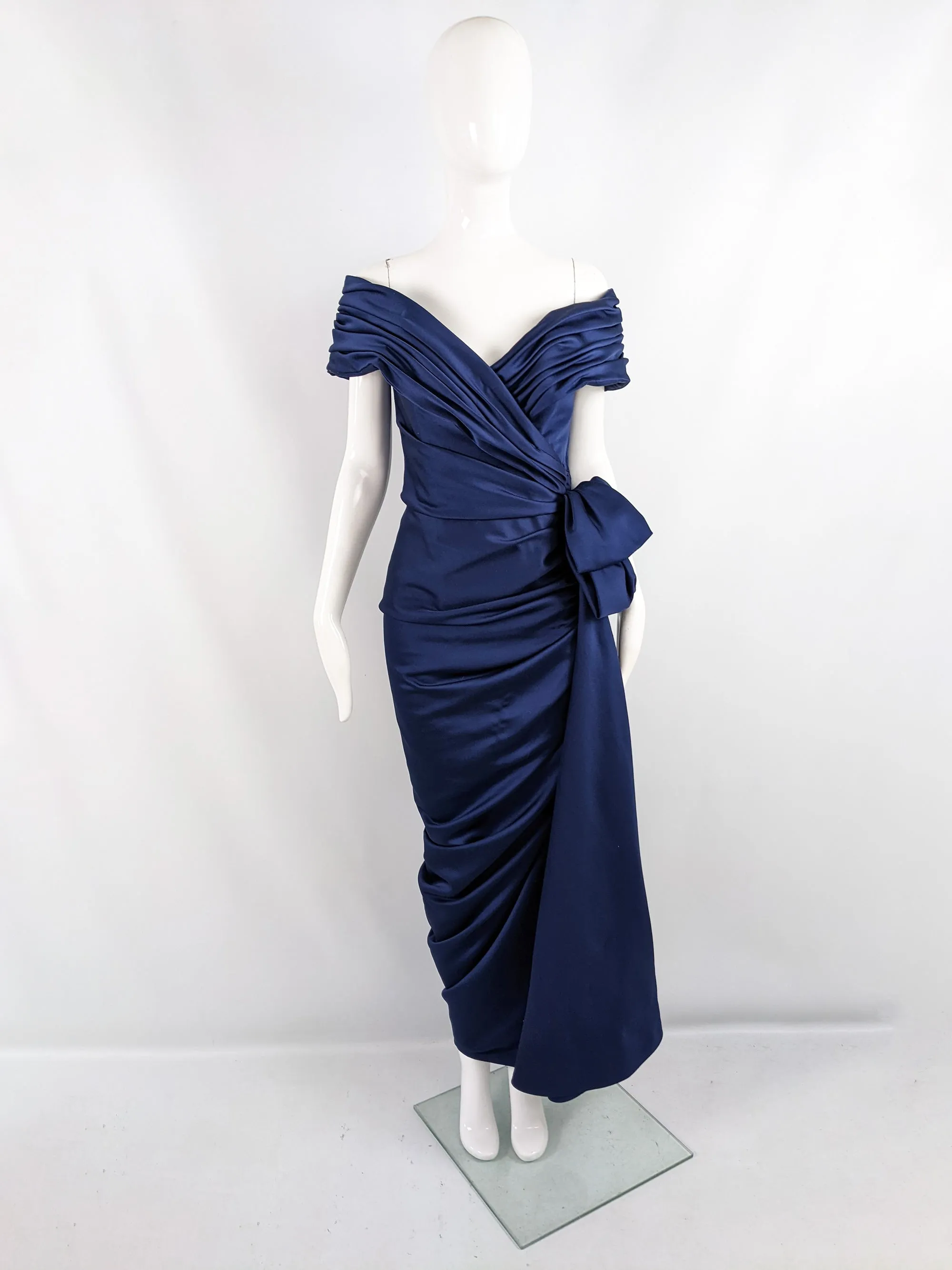 Victor Costa Vintage Dark Blue Draped Bow Evening Gown, 1980s