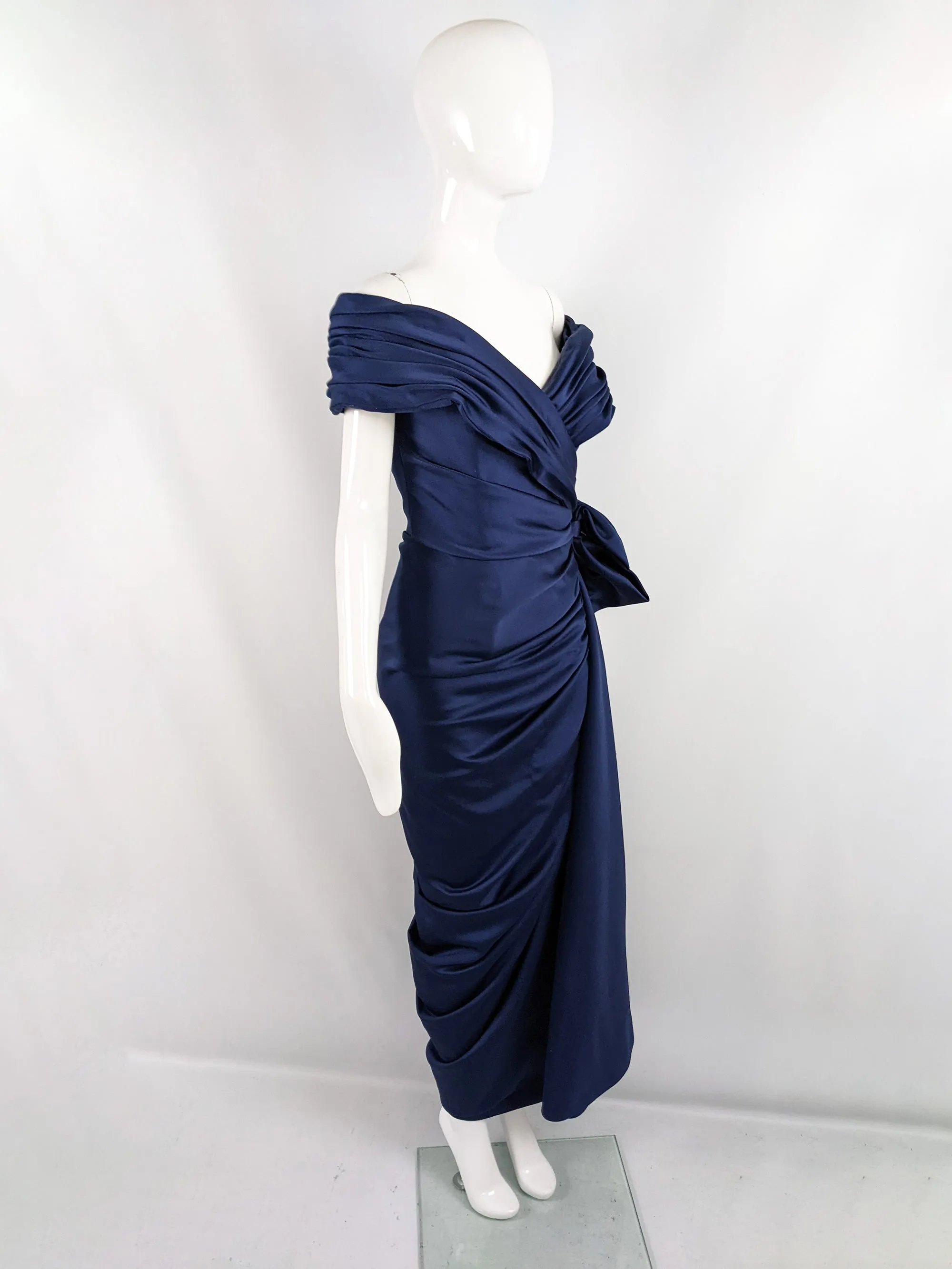 Victor Costa Vintage Dark Blue Draped Bow Evening Gown, 1980s