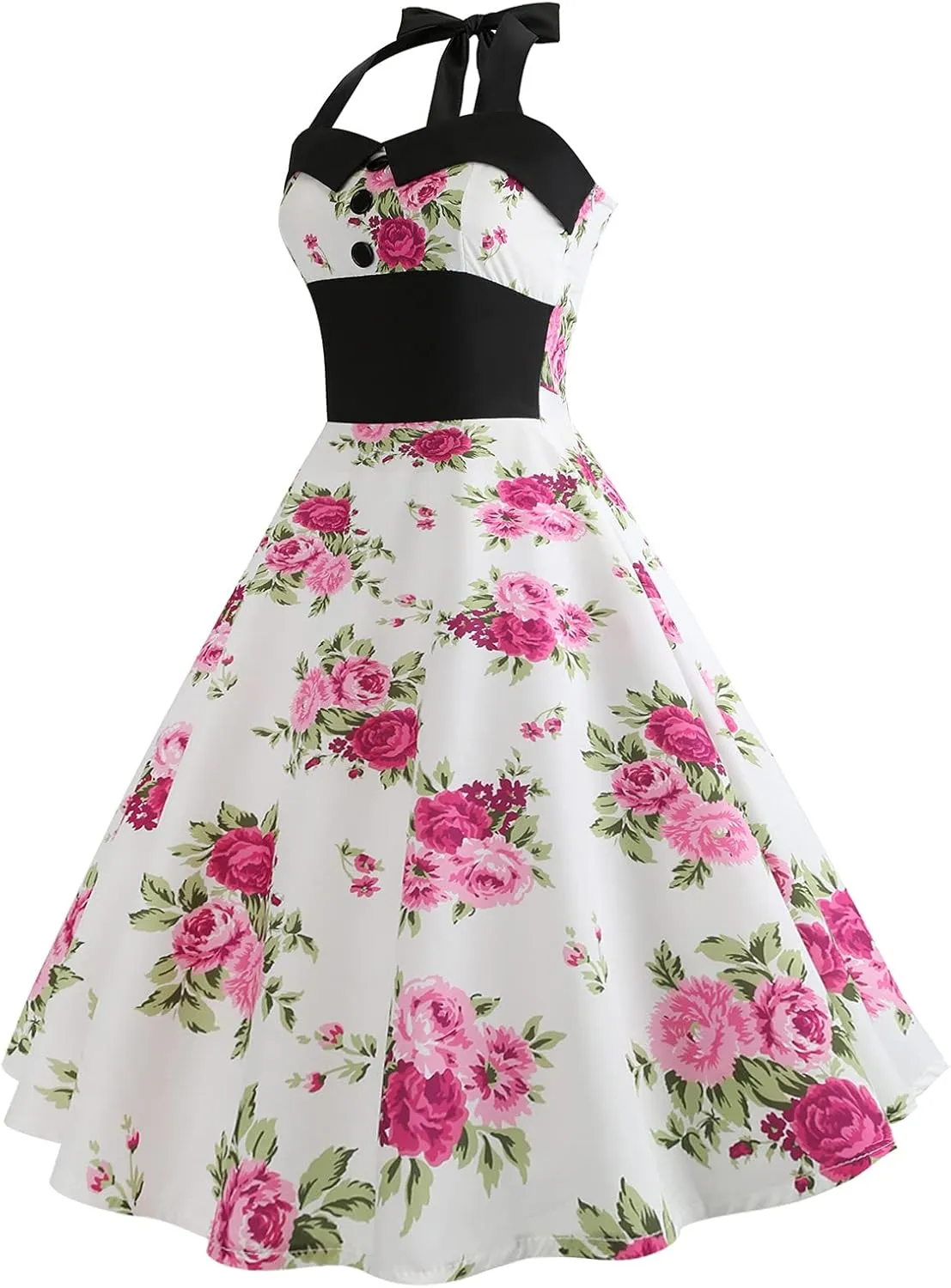 Women 50s Vintage Polka Dot Halter Cocktail Swing Dress Buttons Floral 1950s Rockabilly Audrey Hepburn Prom Tea Party Dress