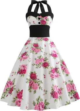 Women 50s Vintage Polka Dot Halter Cocktail Swing Dress Buttons Floral 1950s Rockabilly Audrey Hepburn Prom Tea Party Dress