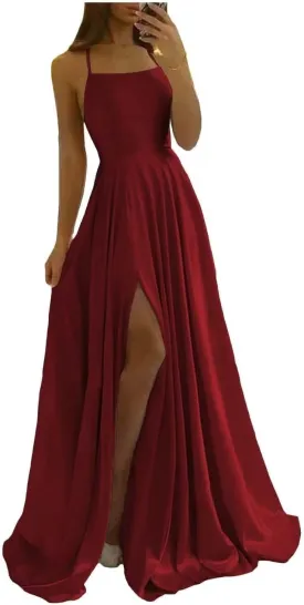 Women Long Formal Dress Solid Satin Spaghetti Straps A Line Evening Cocktail Dresses with Slit