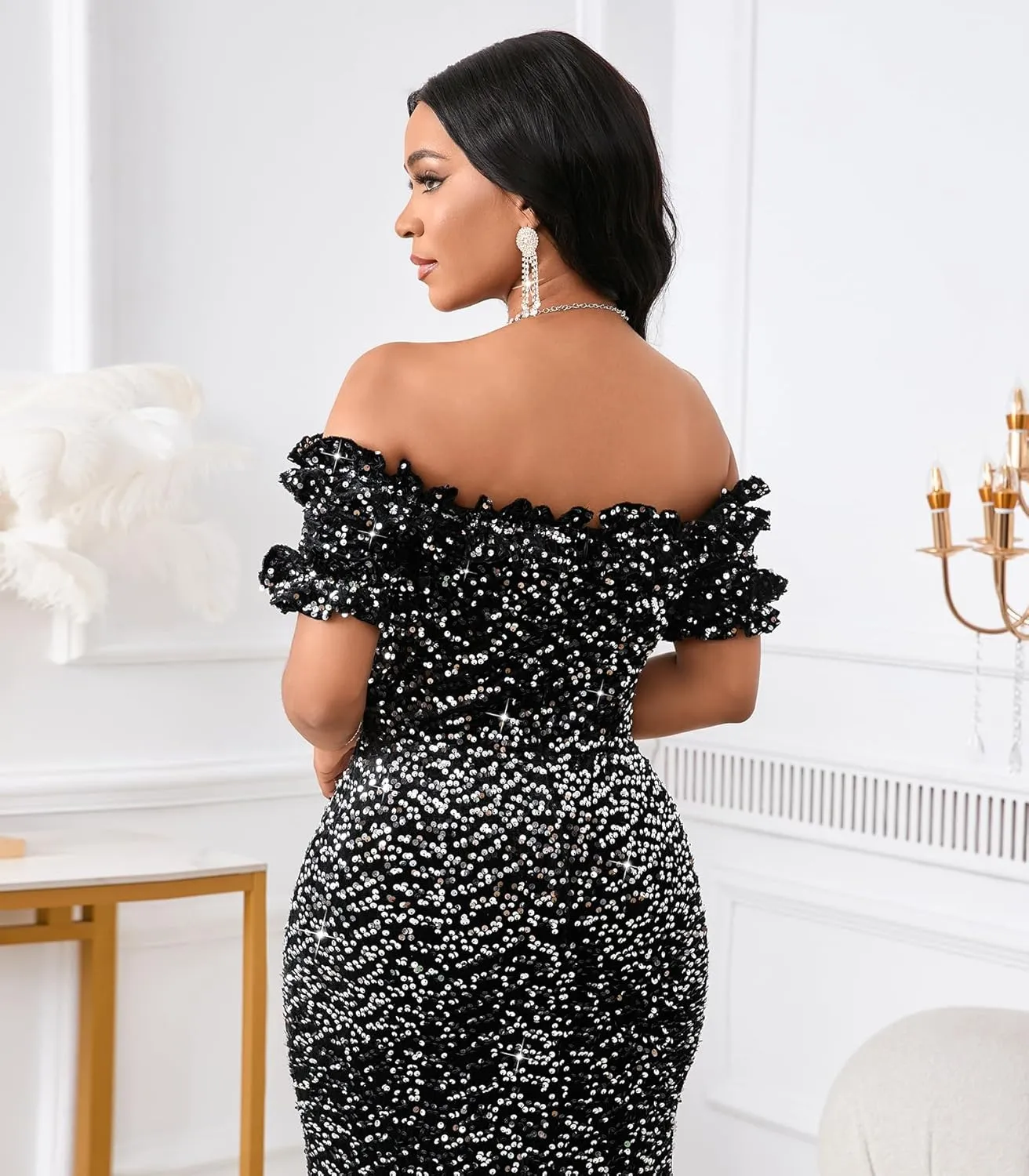 Women Sexy Sequin Off Shoulder Ruffle Short Sleeve Bodycon Mermaid Party Formal Evening Maxi Dress