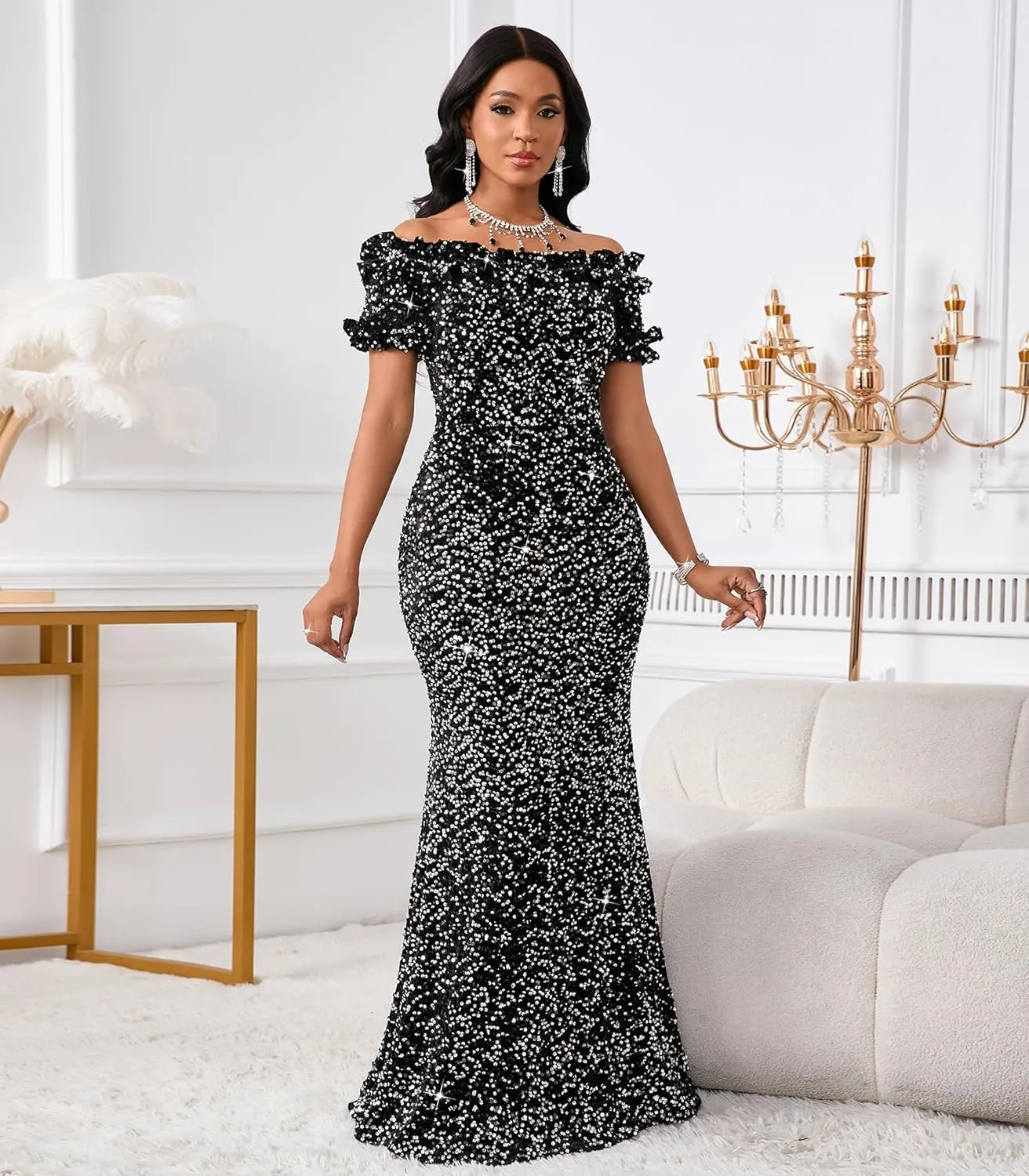 Women Sexy Sequin Off Shoulder Ruffle Short Sleeve Bodycon Mermaid Party Formal Evening Maxi Dress