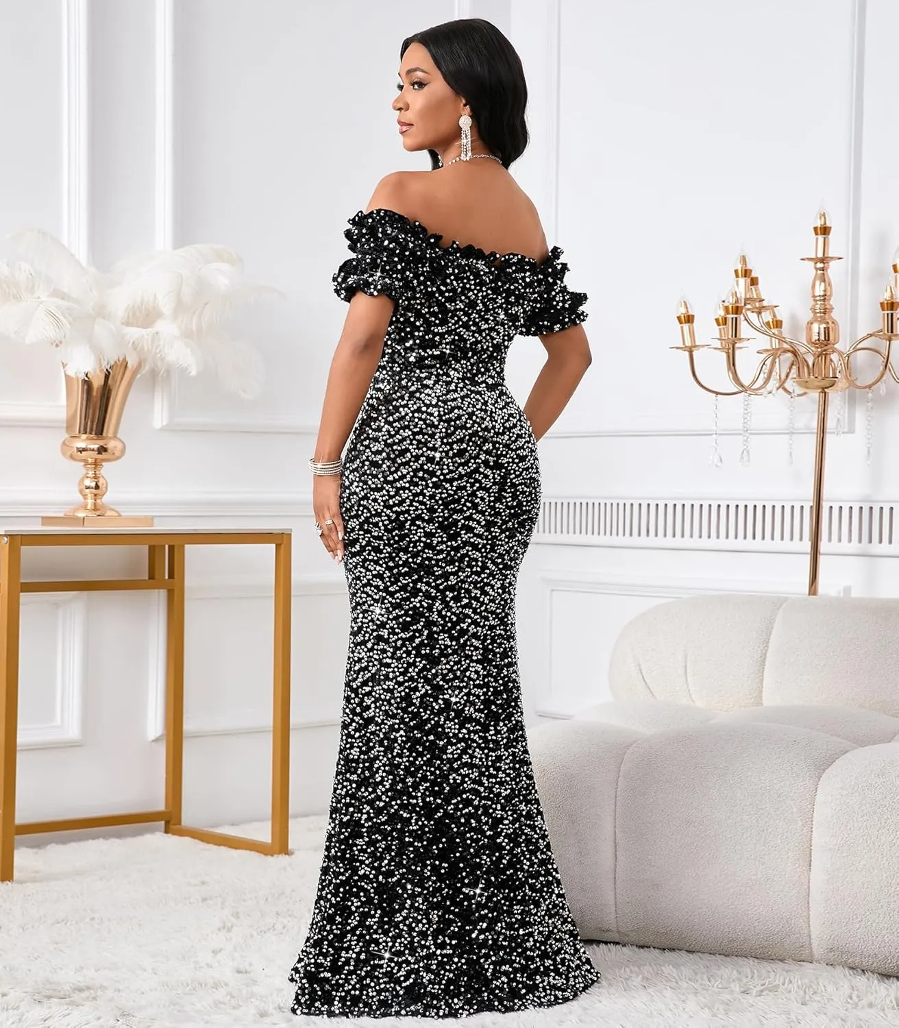 Women Sexy Sequin Off Shoulder Ruffle Short Sleeve Bodycon Mermaid Party Formal Evening Maxi Dress
