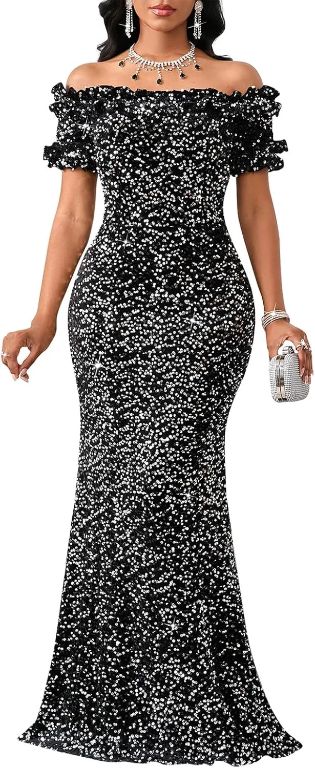 Women Sexy Sequin Off Shoulder Ruffle Short Sleeve Bodycon Mermaid Party Formal Evening Maxi Dress