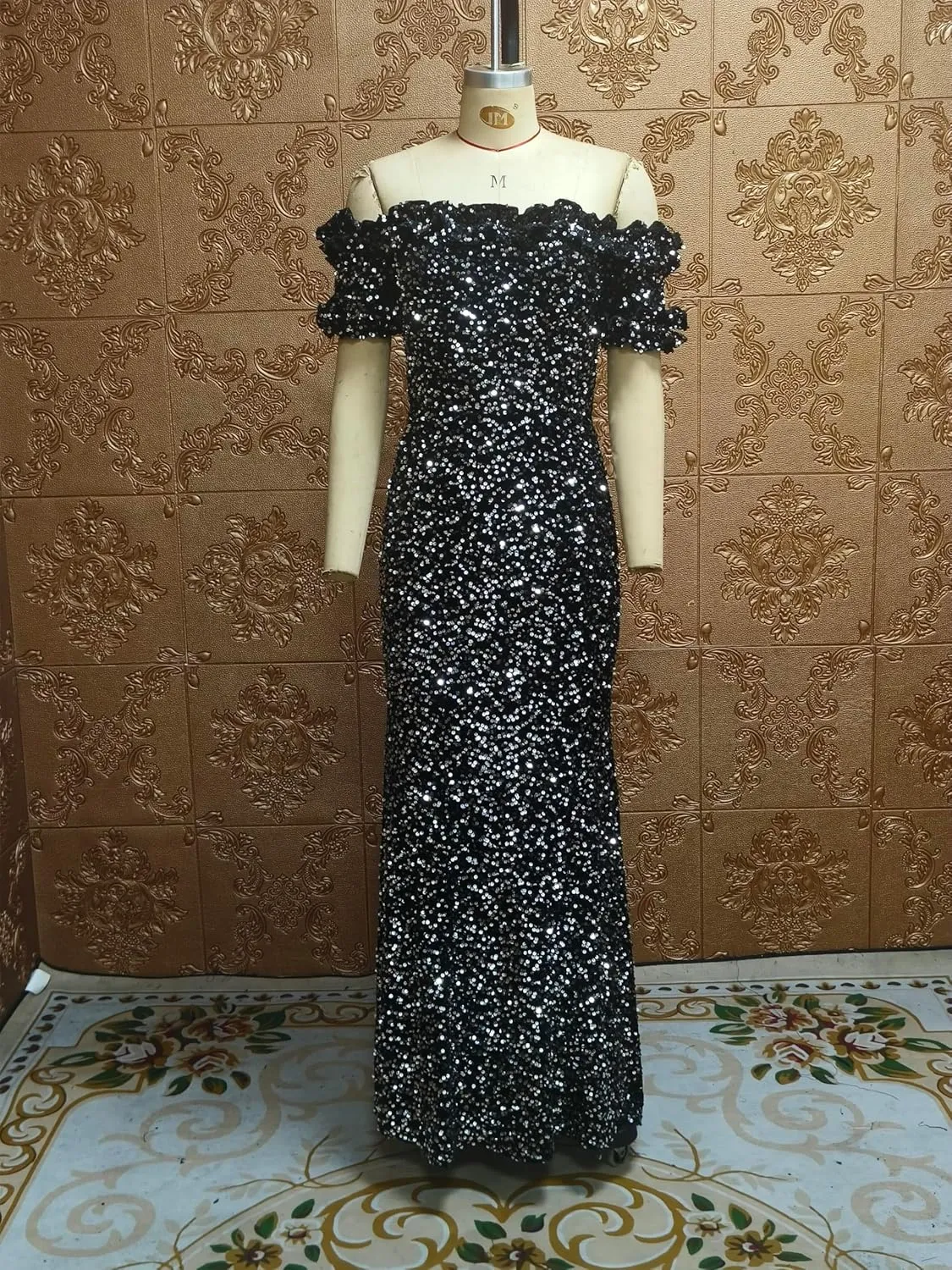 Women Sexy Sequin Off Shoulder Ruffle Short Sleeve Bodycon Mermaid Party Formal Evening Maxi Dress