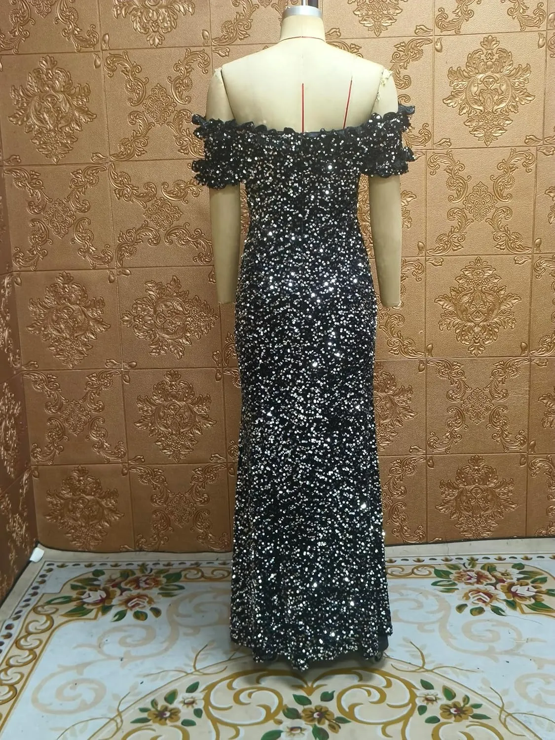 Women Sexy Sequin Off Shoulder Ruffle Short Sleeve Bodycon Mermaid Party Formal Evening Maxi Dress