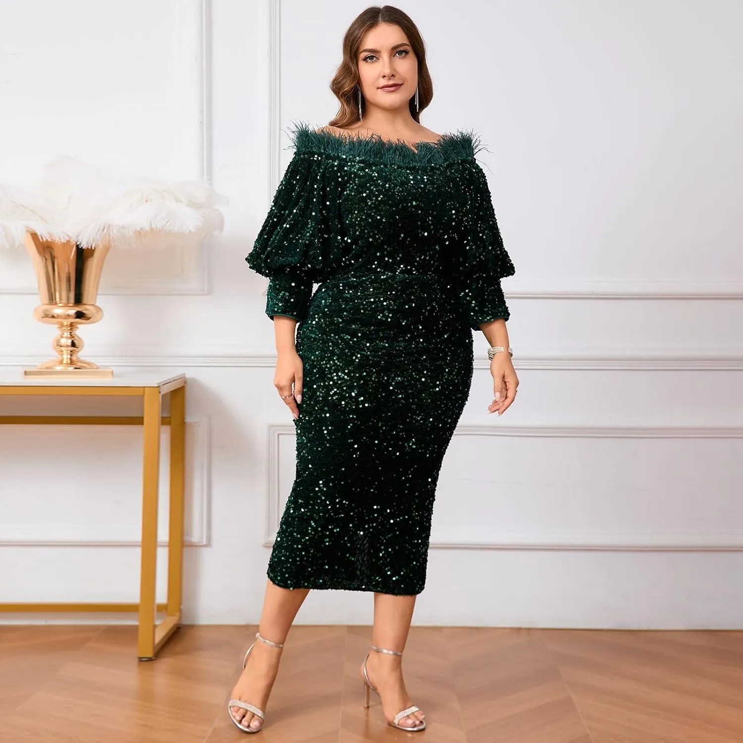 Women Sexy Sequin Off The Shoulder Puff 3/4 Sleeve Bodycon Dress Formal Party Cocktail Evening Midi Dress
