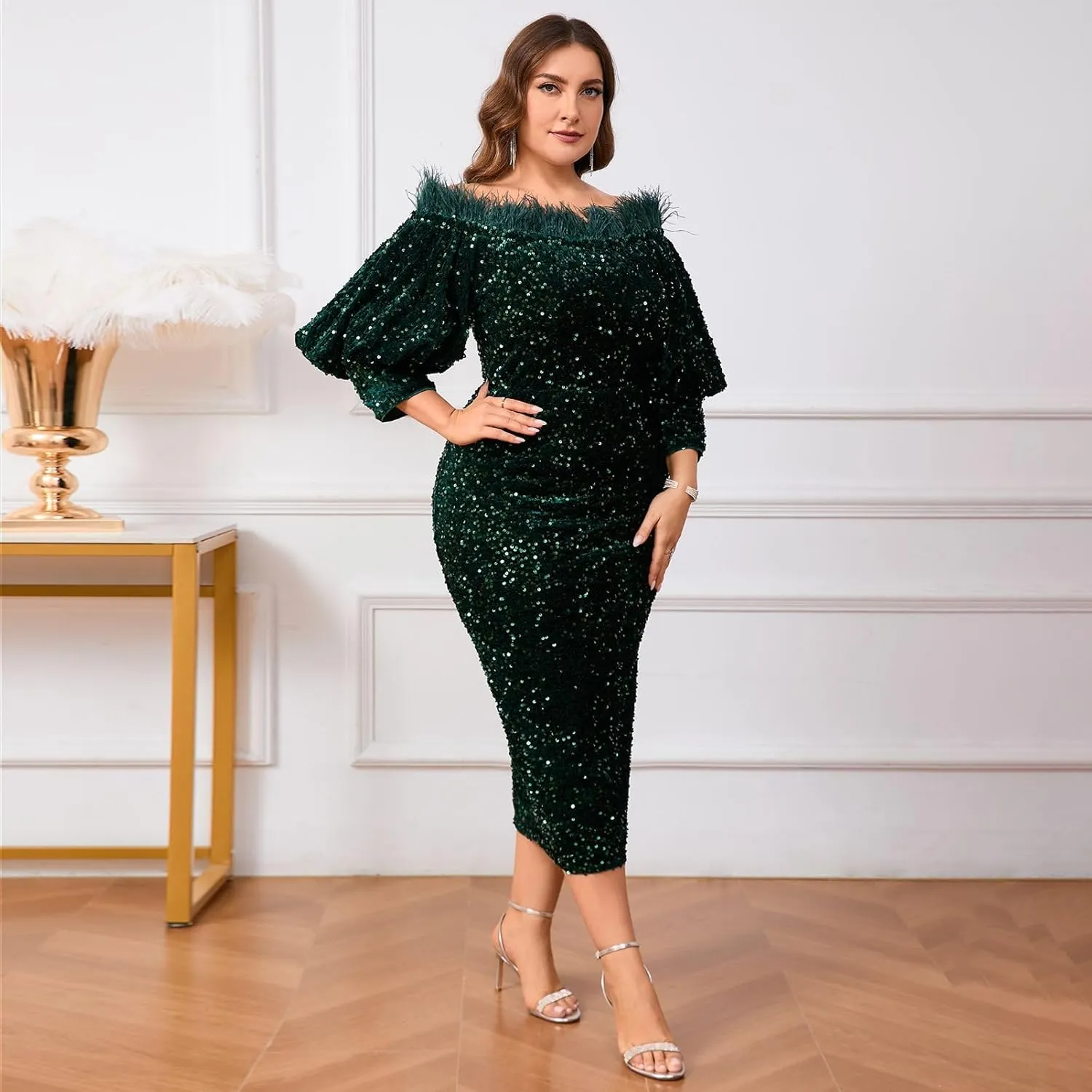 Women Sexy Sequin Off The Shoulder Puff 3/4 Sleeve Bodycon Dress Formal Party Cocktail Evening Midi Dress