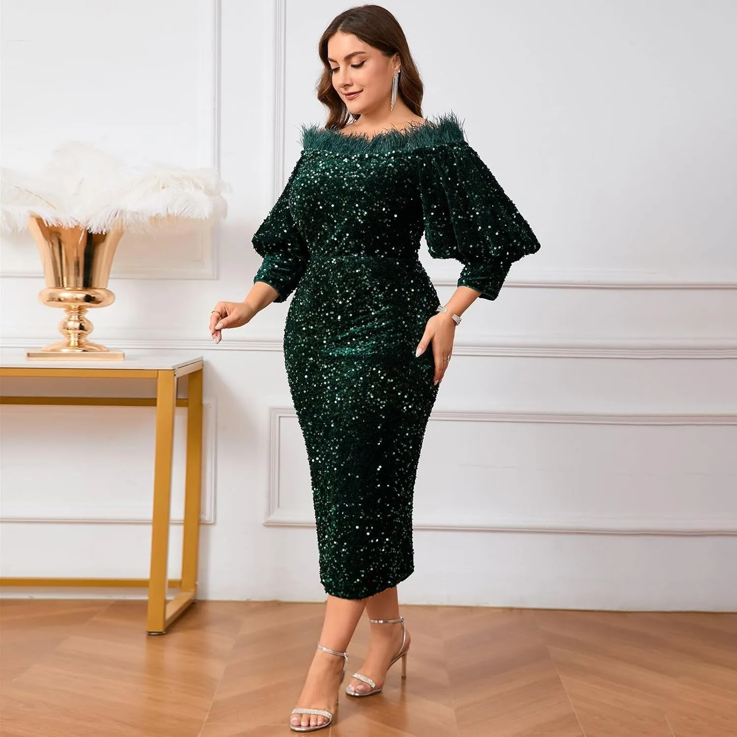 Women Sexy Sequin Off The Shoulder Puff 3/4 Sleeve Bodycon Dress Formal Party Cocktail Evening Midi Dress