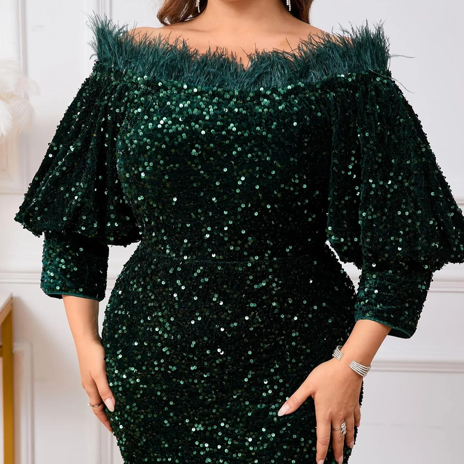 Women Sexy Sequin Off The Shoulder Puff 3/4 Sleeve Bodycon Dress Formal Party Cocktail Evening Midi Dress