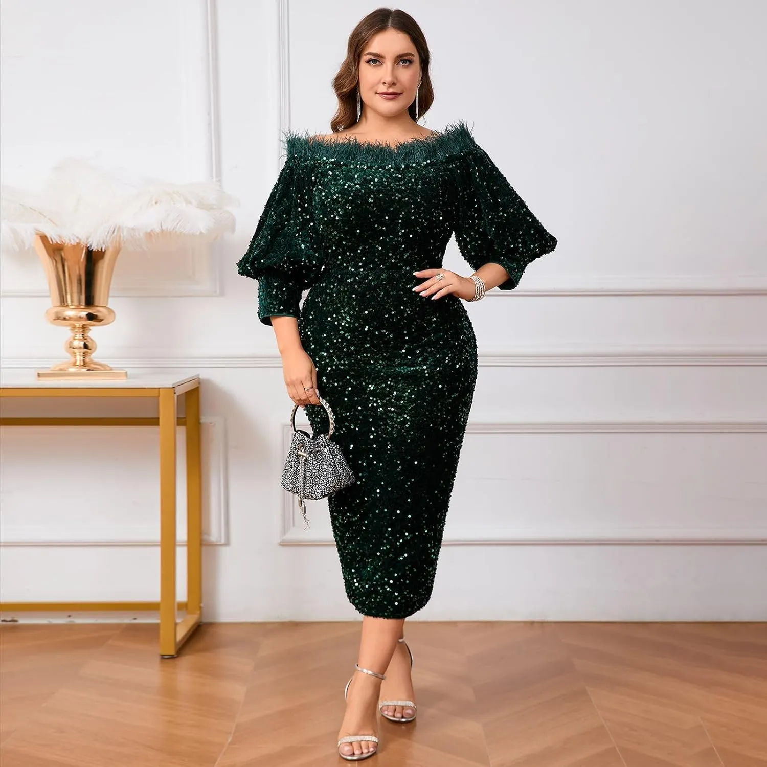 Women Sexy Sequin Off The Shoulder Puff 3/4 Sleeve Bodycon Dress Formal Party Cocktail Evening Midi Dress