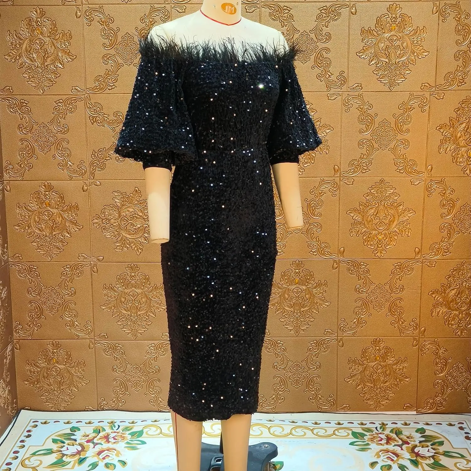 Women Sexy Sequin Off The Shoulder Puff 3/4 Sleeve Bodycon Dress Formal Party Cocktail Evening Midi Dress