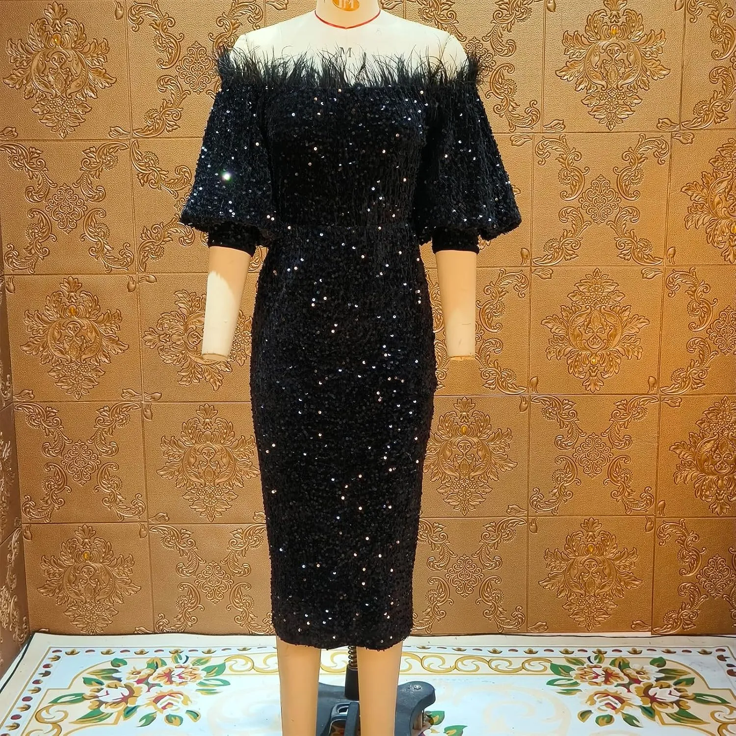 Women Sexy Sequin Off The Shoulder Puff 3/4 Sleeve Bodycon Dress Formal Party Cocktail Evening Midi Dress