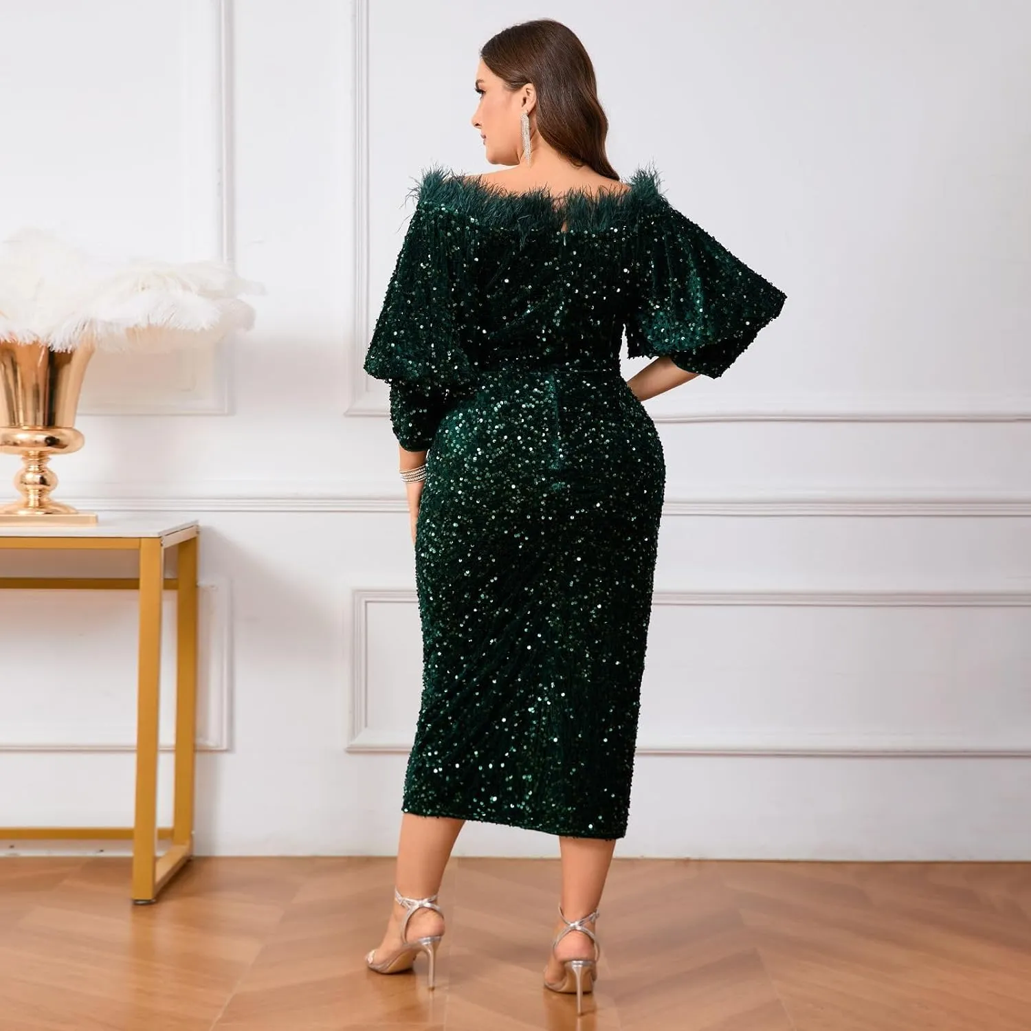 Women Sexy Sequin Off The Shoulder Puff 3/4 Sleeve Bodycon Dress Formal Party Cocktail Evening Midi Dress