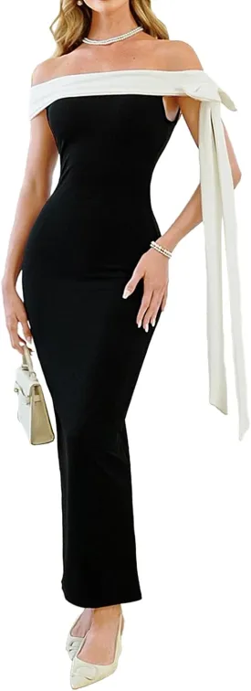 Women Sexy Tight Slit Back Knit Cocktail Dress Elegant Black and White Splicing Off The Shoulder Maxi Dress