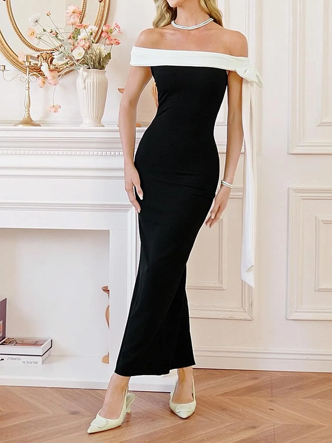 Women Sexy Tight Slit Back Knit Cocktail Dress Elegant Black and White Splicing Off The Shoulder Maxi Dress