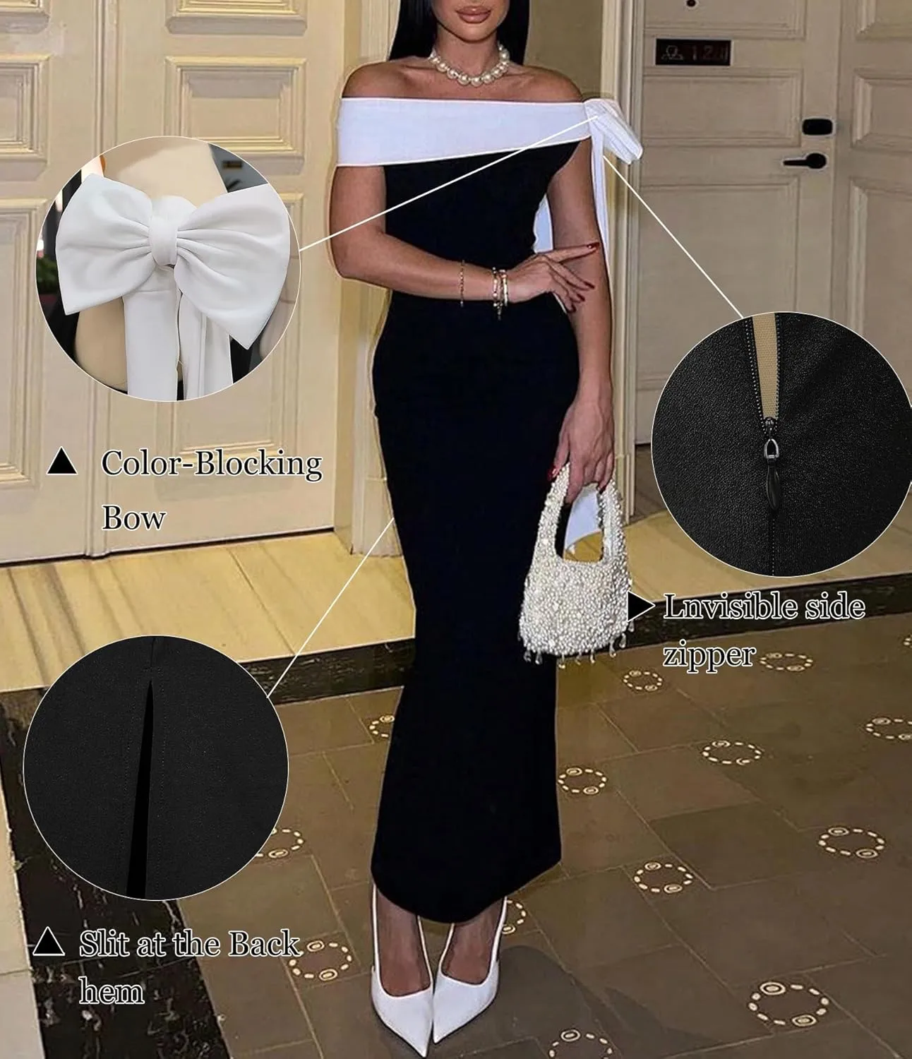 Women Sexy Tight Slit Back Knit Cocktail Dress Elegant Black and White Splicing Off The Shoulder Maxi Dress
