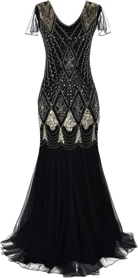 Women Vintage 1920s Gatsby Flapper Evening Party Dress V Neck Art Deco Sequins Mermaid Hem Cocktail Formal Long Maxi Gown