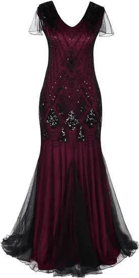 Women Vintage 1920s Gatsby Flapper Evening Party Dress V Neck Art Deco Sequins Mermaid Hem Cocktail Formal Long Maxi Gown