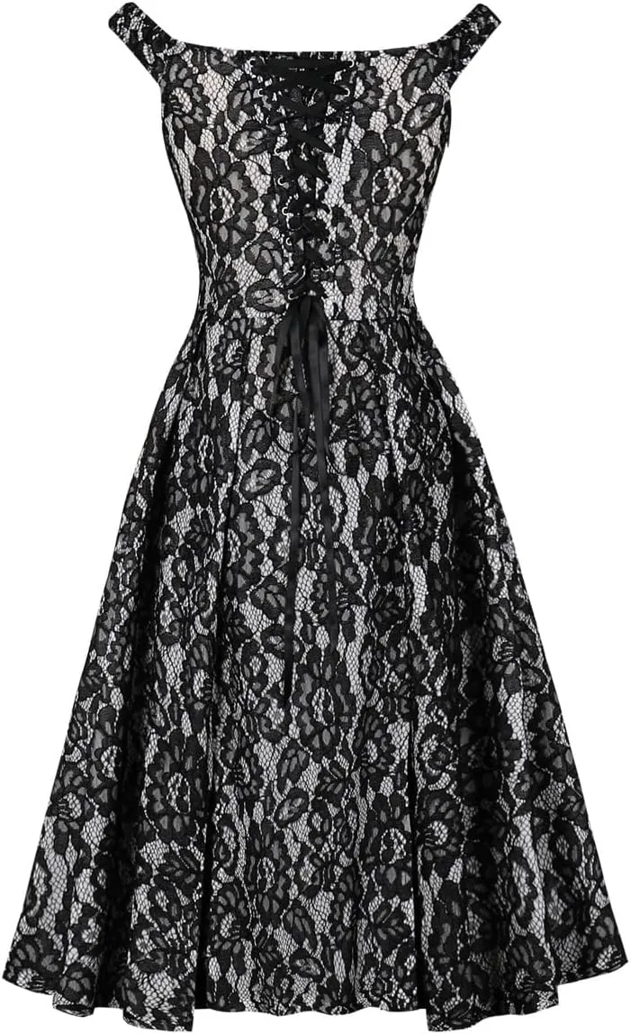 Women Vintage Lace Jacquard Dress Back Tie Sexy Sleeveless Elegant Evening Gown Club Party Dress