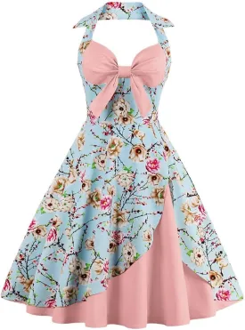 Women Vintage Polka Dot 1950s Rockabilly Halter Audrey Dress Retro Floral Evening Cocktail Swing Dress