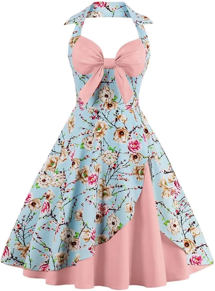 Women Vintage Polka Dot 1950s Rockabilly Halter Audrey Dress Retro Floral Evening Cocktail Swing Dress