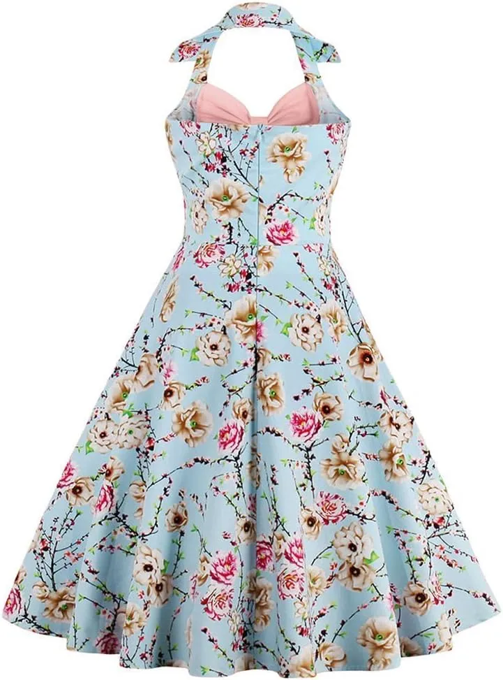 Women Vintage Polka Dot 1950s Rockabilly Halter Audrey Dress Retro Floral Evening Cocktail Swing Dress