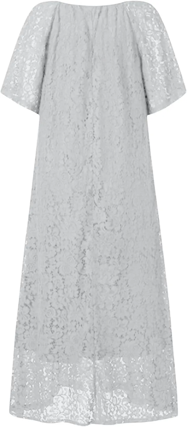 Women's 2025 Summer Short Sleeve Knee Length Dress V Neck Ruffle Hollow Out Eyelet Lace Dresses