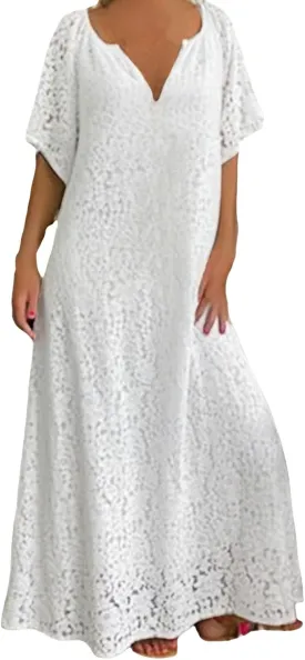 Women's 2025 Summer Short Sleeve Knee Length Dress V Neck Ruffle Hollow Out Eyelet Lace Dresses
