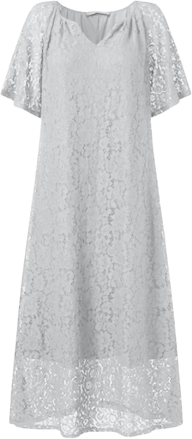 Women's 2025 Summer Short Sleeve Knee Length Dress V Neck Ruffle Hollow Out Eyelet Lace Dresses