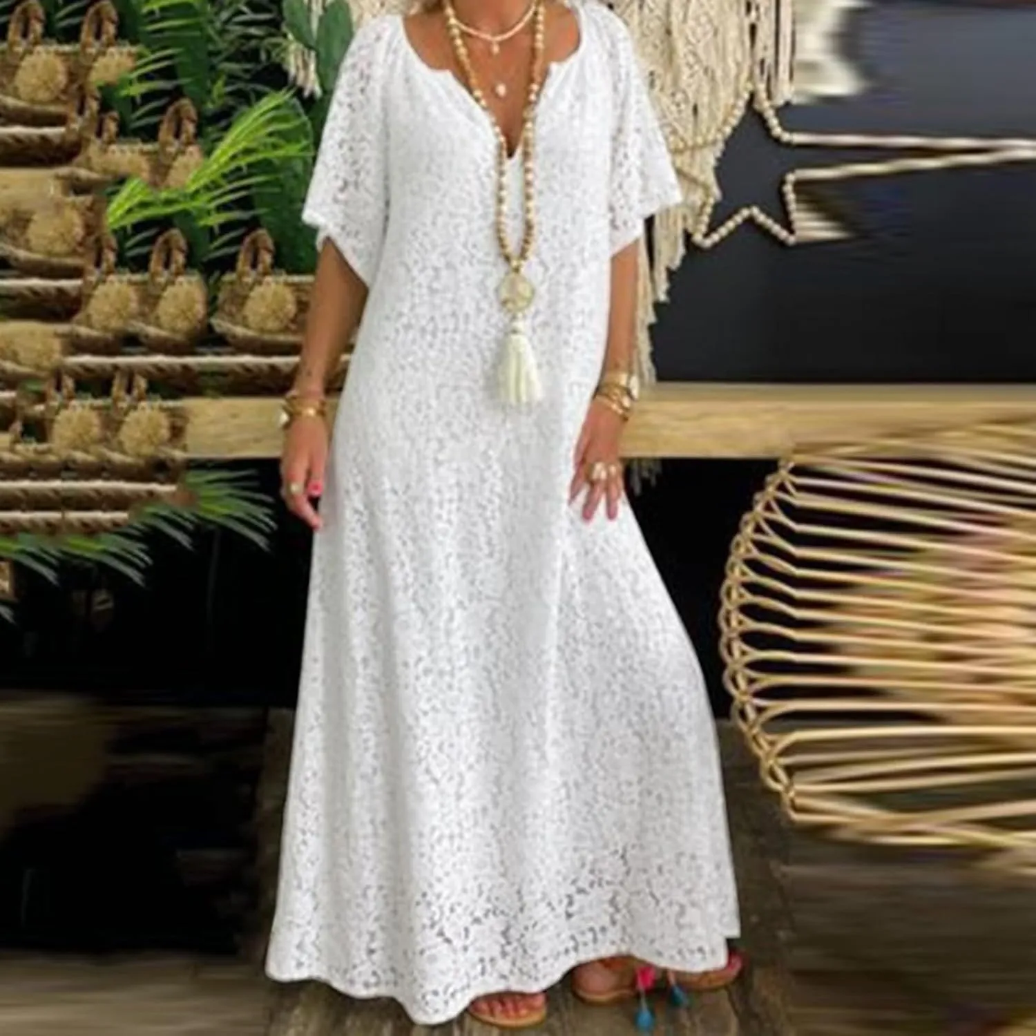 Women's 2025 Summer Short Sleeve Knee Length Dress V Neck Ruffle Hollow Out Eyelet Lace Dresses