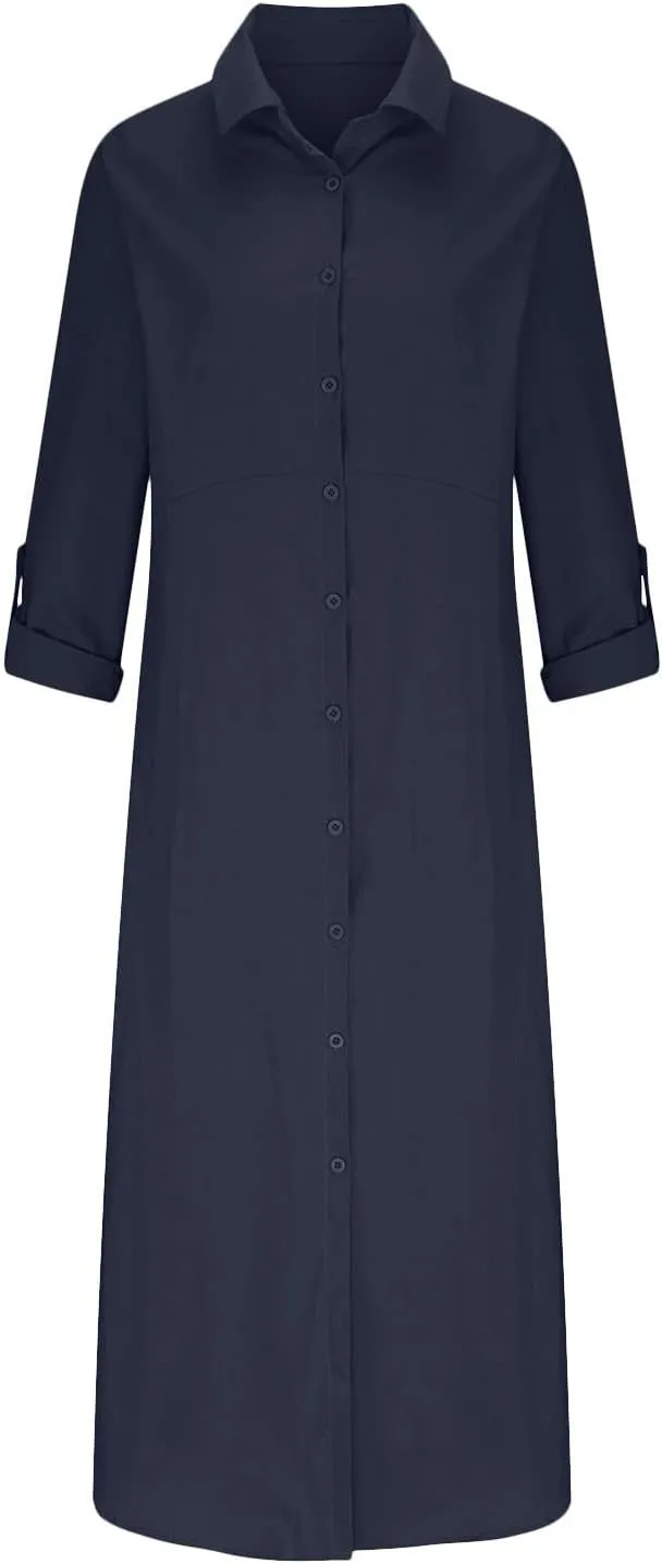 Womens Button Down Cotton Linen Maxi Dress Plus Size Dress Casual Long Sleeve V Neck Summer Dresses with Pockets