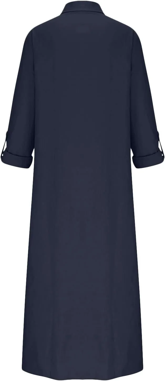 Womens Button Down Cotton Linen Maxi Dress Plus Size Dress Casual Long Sleeve V Neck Summer Dresses with Pockets