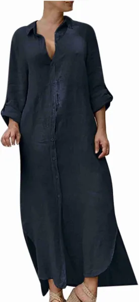 Womens Button Down Cotton Linen Maxi Dress Plus Size Dress Casual Long Sleeve V Neck Summer Dresses with Pockets