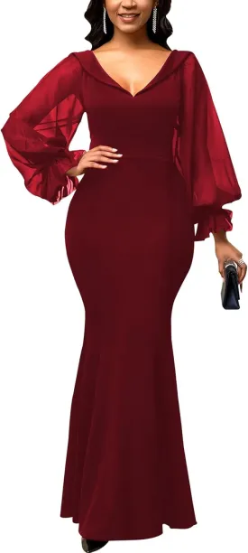 Women's Elegant Formal Mermaid Maxi Dress Off Shoulder Long Sleeve Wedding Split Evening Gown Prom Cocktail Party Dresses