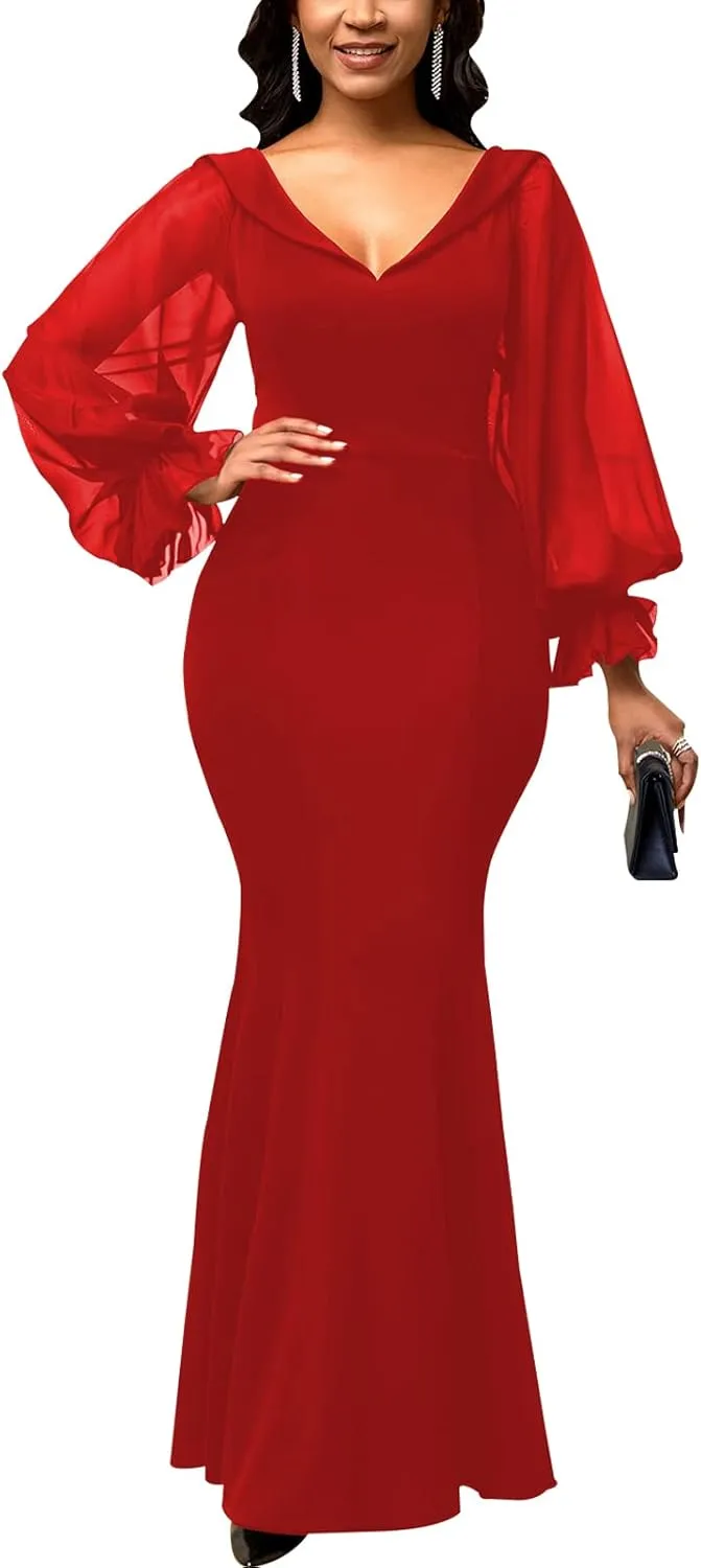 Women's Elegant Formal Mermaid Maxi Dress Off Shoulder Long Sleeve Wedding Split Evening Gown Prom Cocktail Party Dresses