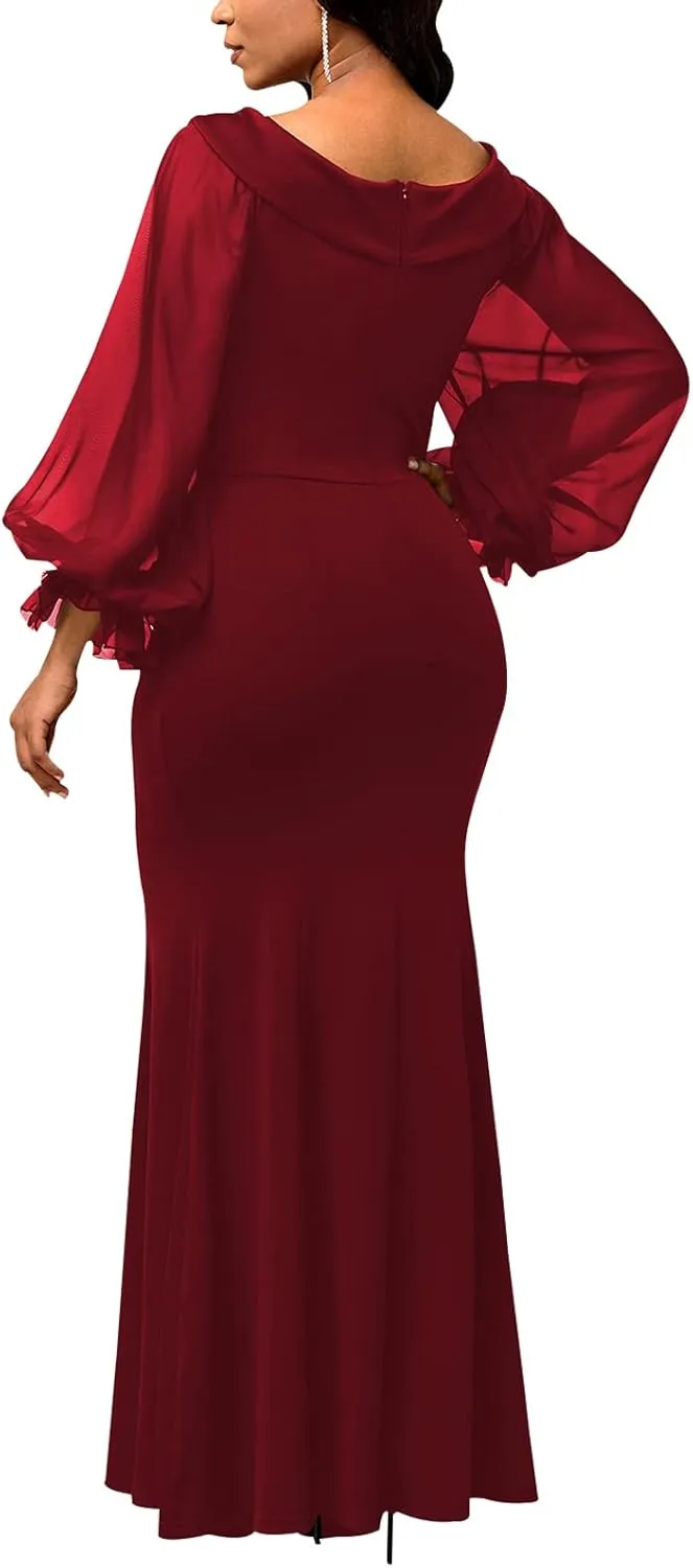 Women's Elegant Formal Mermaid Maxi Dress Off Shoulder Long Sleeve Wedding Split Evening Gown Prom Cocktail Party Dresses