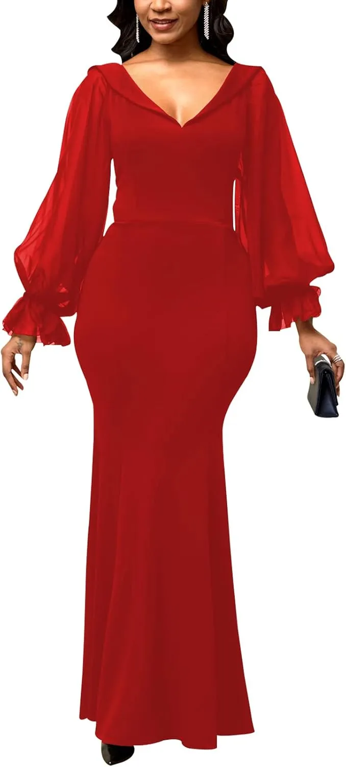 Women's Elegant Formal Mermaid Maxi Dress Off Shoulder Long Sleeve Wedding Split Evening Gown Prom Cocktail Party Dresses