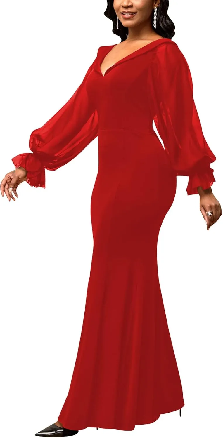 Women's Elegant Formal Mermaid Maxi Dress Off Shoulder Long Sleeve Wedding Split Evening Gown Prom Cocktail Party Dresses
