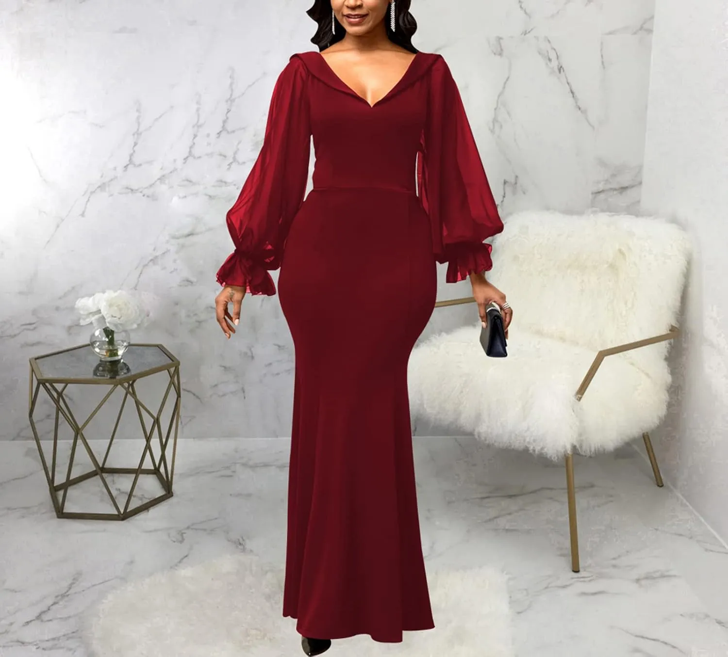 Women's Elegant Formal Mermaid Maxi Dress Off Shoulder Long Sleeve Wedding Split Evening Gown Prom Cocktail Party Dresses