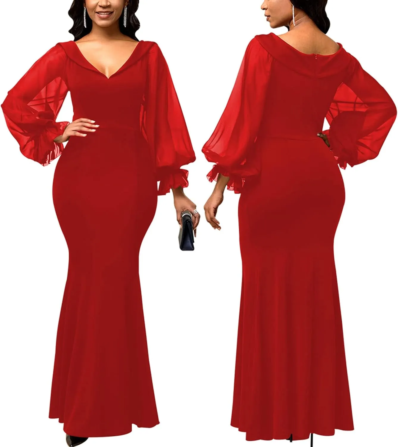 Women's Elegant Formal Mermaid Maxi Dress Off Shoulder Long Sleeve Wedding Split Evening Gown Prom Cocktail Party Dresses