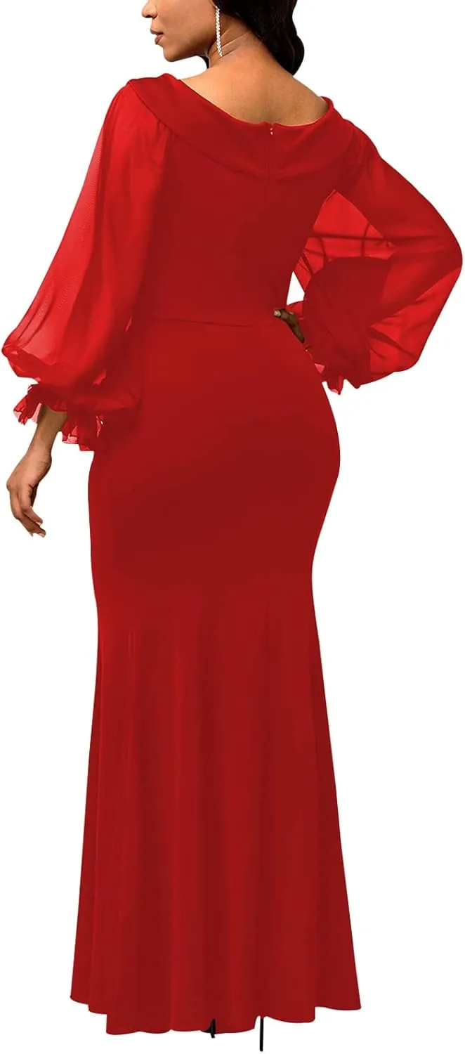 Women's Elegant Formal Mermaid Maxi Dress Off Shoulder Long Sleeve Wedding Split Evening Gown Prom Cocktail Party Dresses