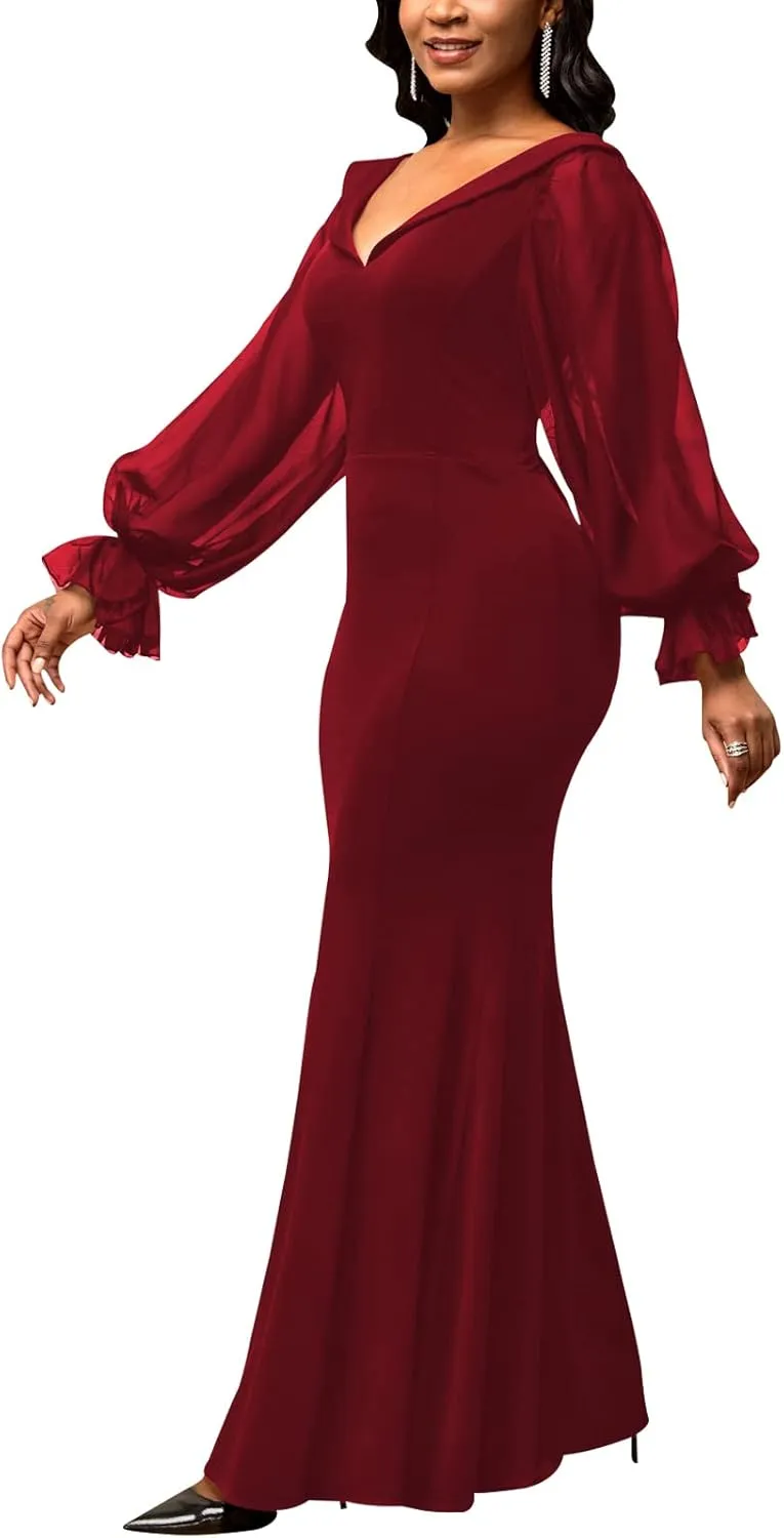 Women's Elegant Formal Mermaid Maxi Dress Off Shoulder Long Sleeve Wedding Split Evening Gown Prom Cocktail Party Dresses