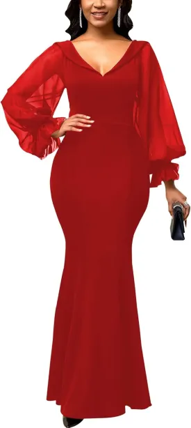 Women's Elegant Formal Mermaid Maxi Dress Off Shoulder Long Sleeve Wedding Split Evening Gown Prom Cocktail Party Dresses